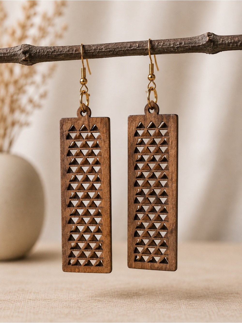 Handcrafted Brown Wood Geometric Dangle Earrings